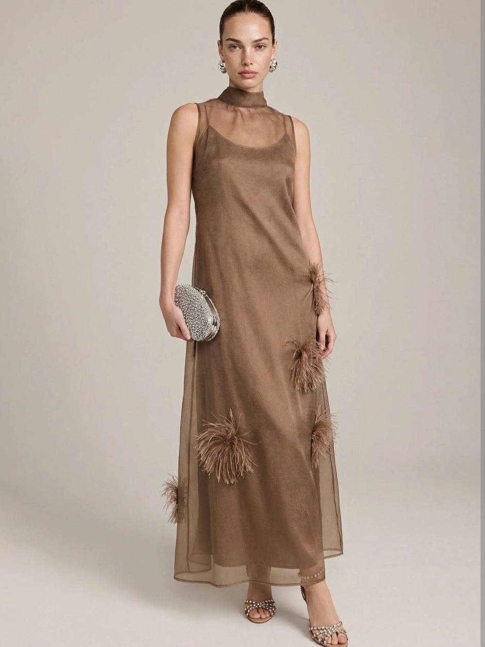 O.P.T. Naia Elegant Oatmeal Feather-Trim Maxi Dress - Picture 3 of 5